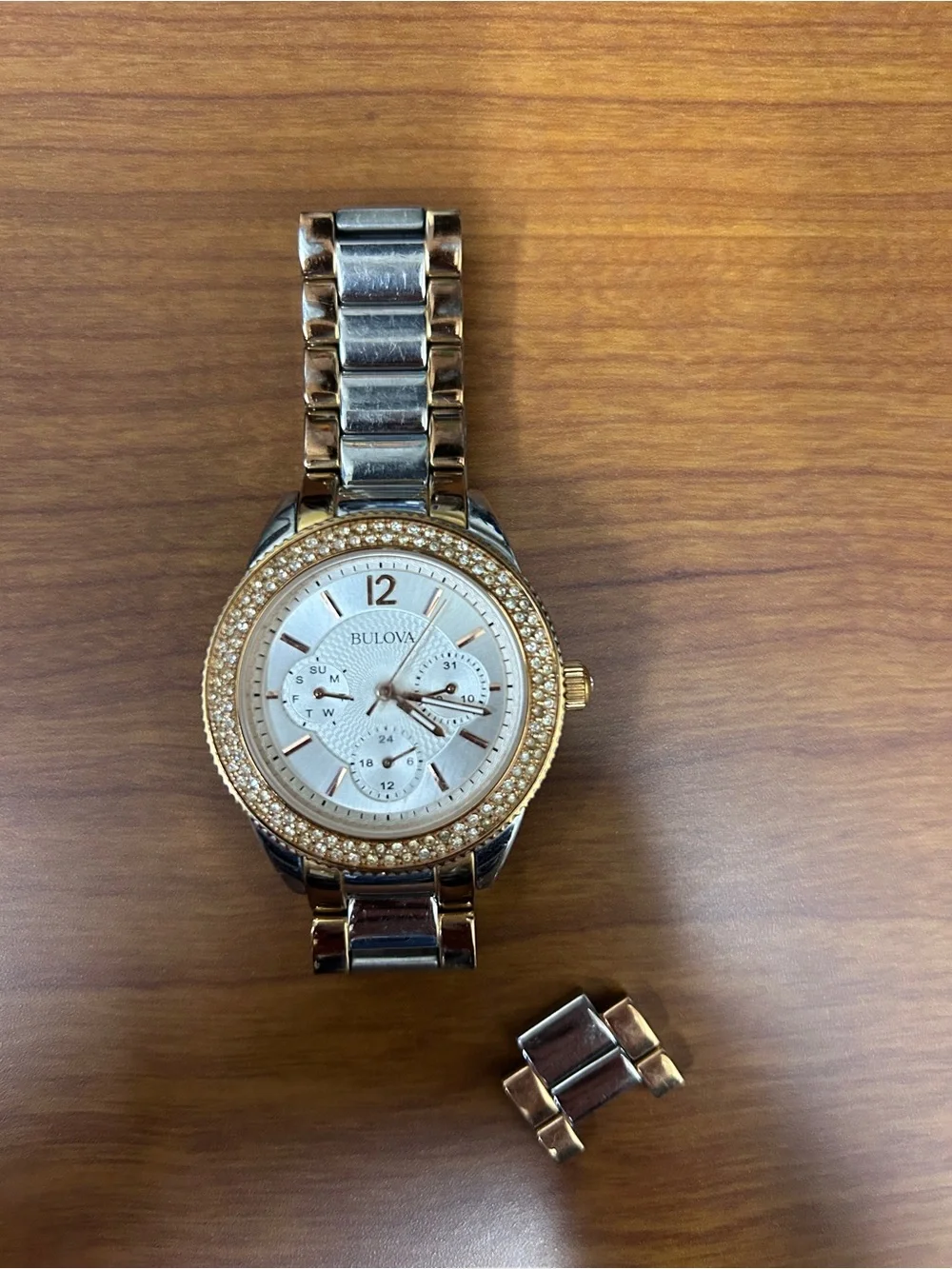 Bulova Two-Tone Rose Gold and Silver Crystal Bezel Women's Watch